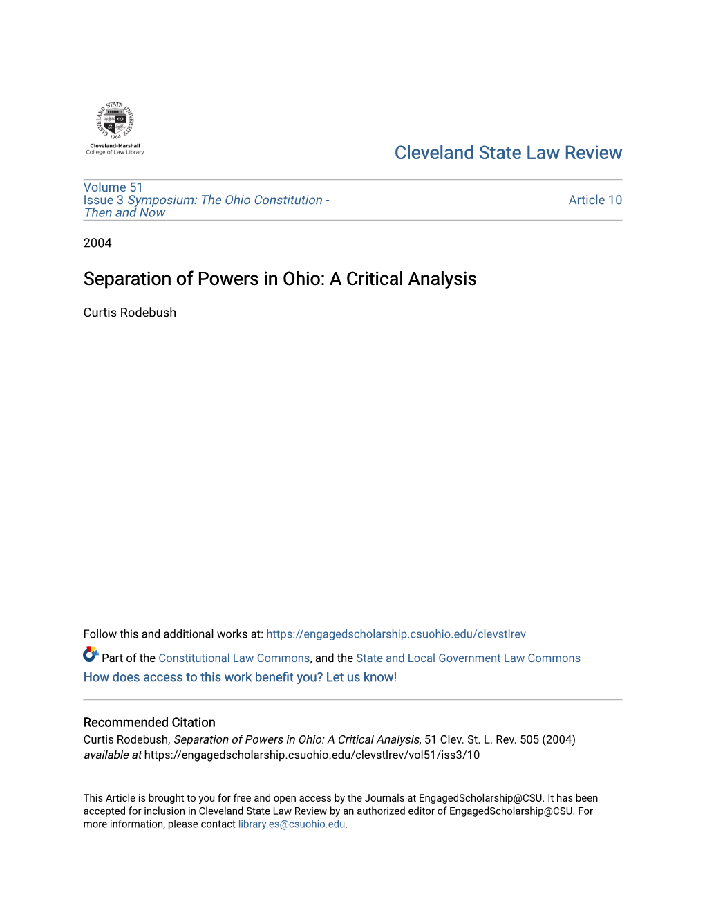 Separation of Powers in Ohio: a Critical Analysis