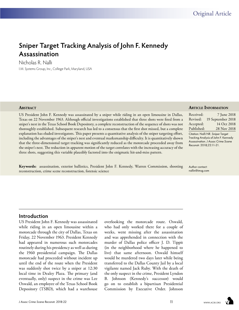 Sniper Target Tracking Analysis of John F. Kennedy Assassination Nicholas R