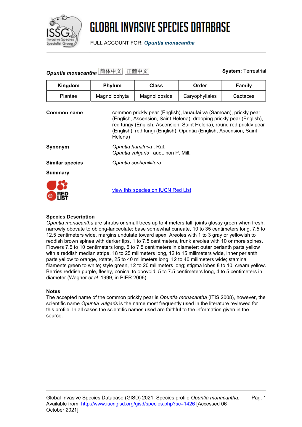 (GISD) 2021. Species Profile Opuntia Monacantha