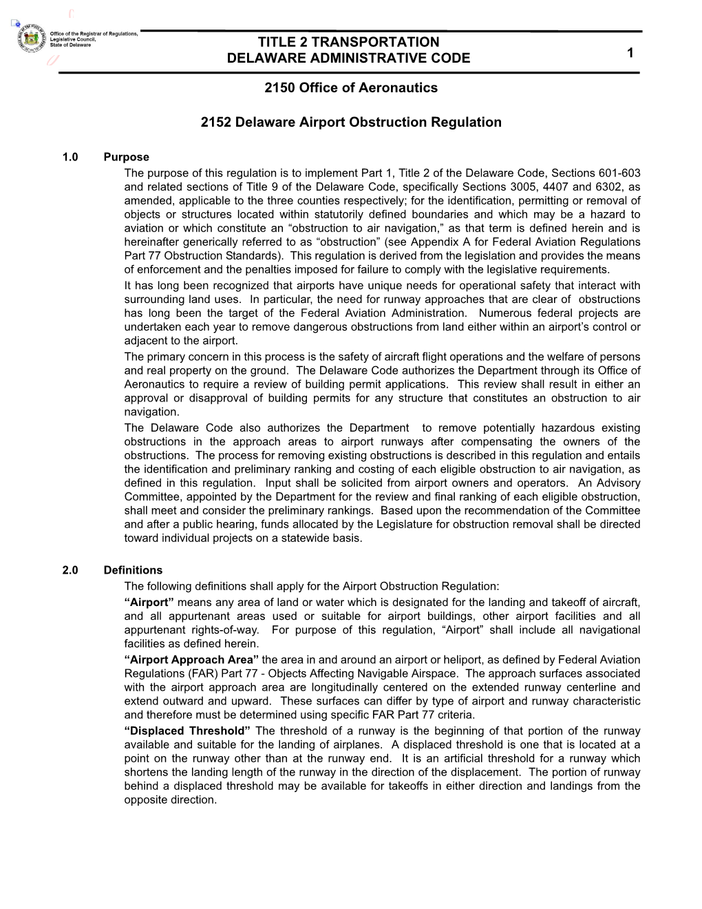 Title 2 Transportation Delaware Administrative Code 1