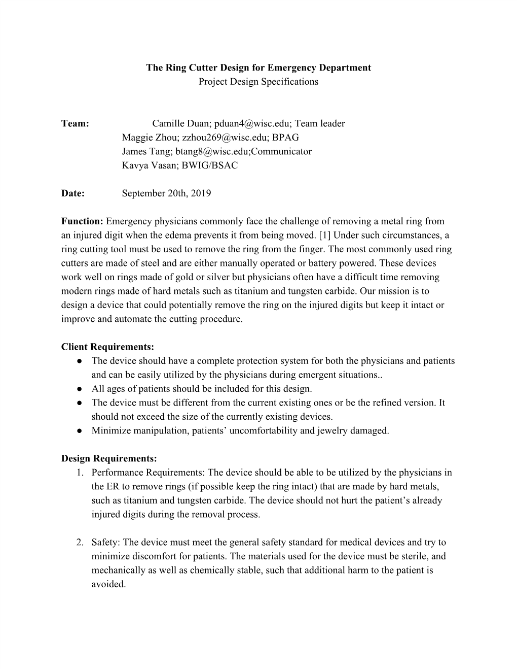 The Ring Cutter Design for Emergency Department Project Design Specifications