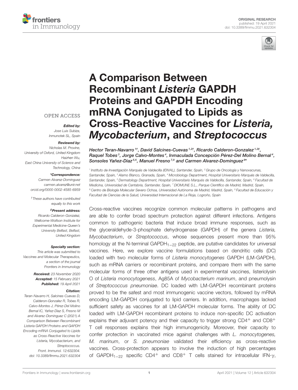 A Comparison Between Recombinant Listeria GAPDH Proteins and GAPDH Encoding Mrna Conjugated to Lipids As