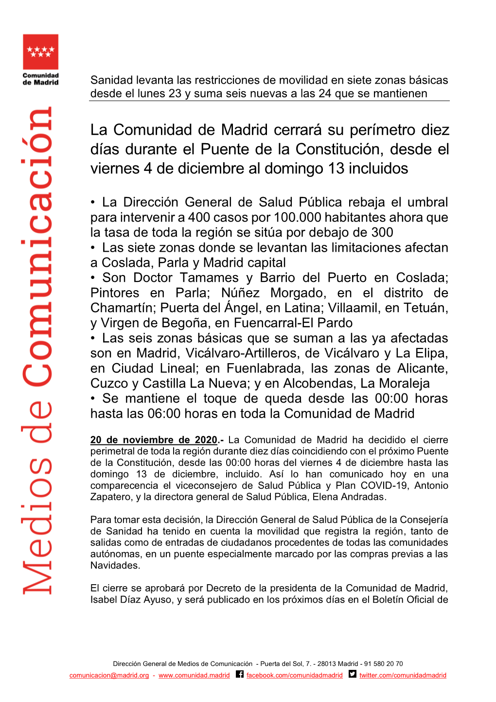La Comunidad De Madrid Cerrará Su Perímetro Diez Días Durante El Puente De La Constitución, Desde El Viernes 4 De Diciembre Al Domingo 13 Incluidos