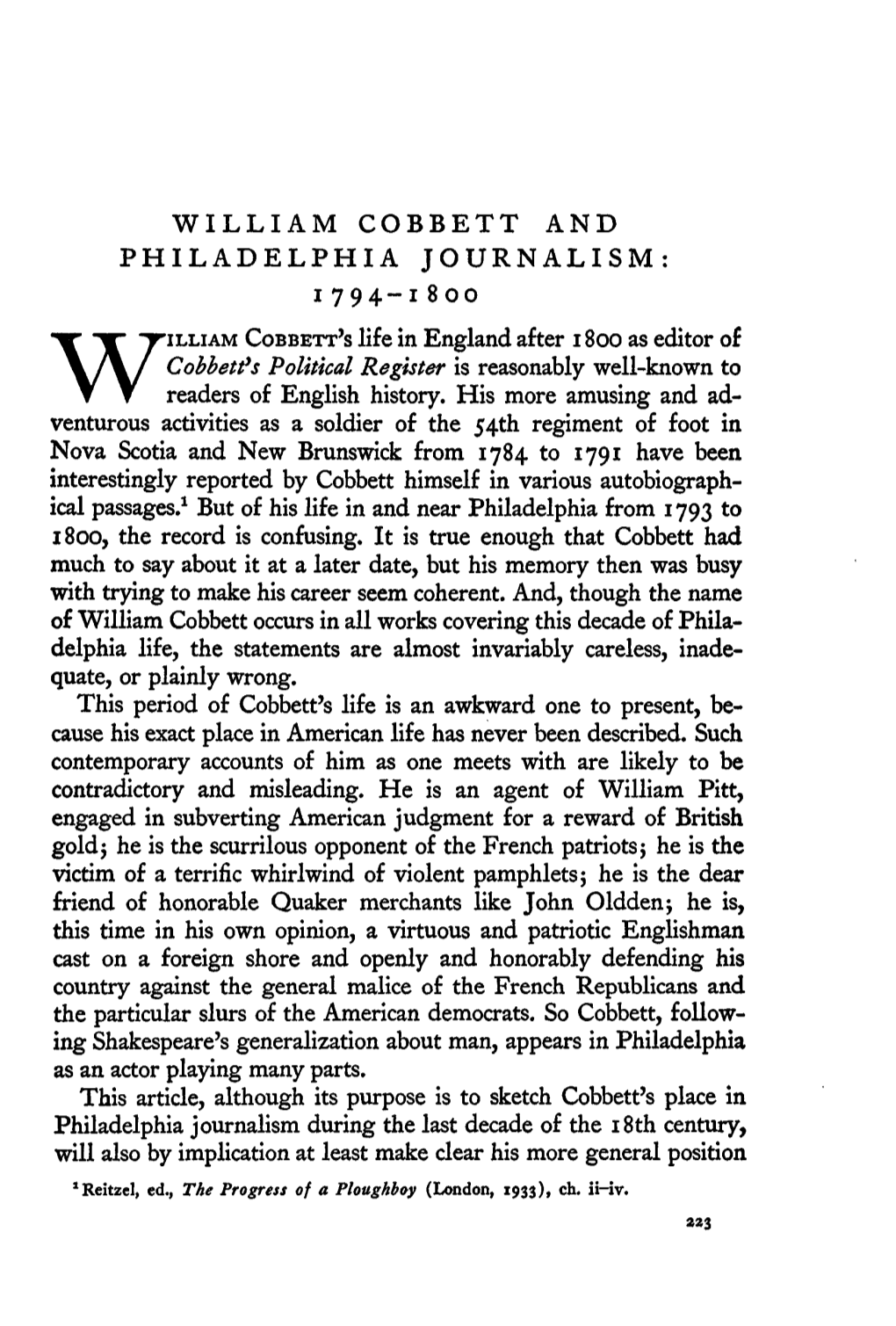 WILLIAM COBBETT and PHILADELPHIA JOURNALISM: I794-18Oo