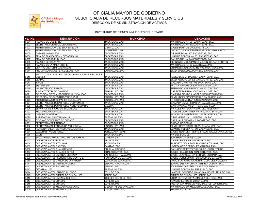 Oficialia Mayor De Gobierno Suboficialia De Recursos Materiales Y Servicios Direccion De Administracion De Activos