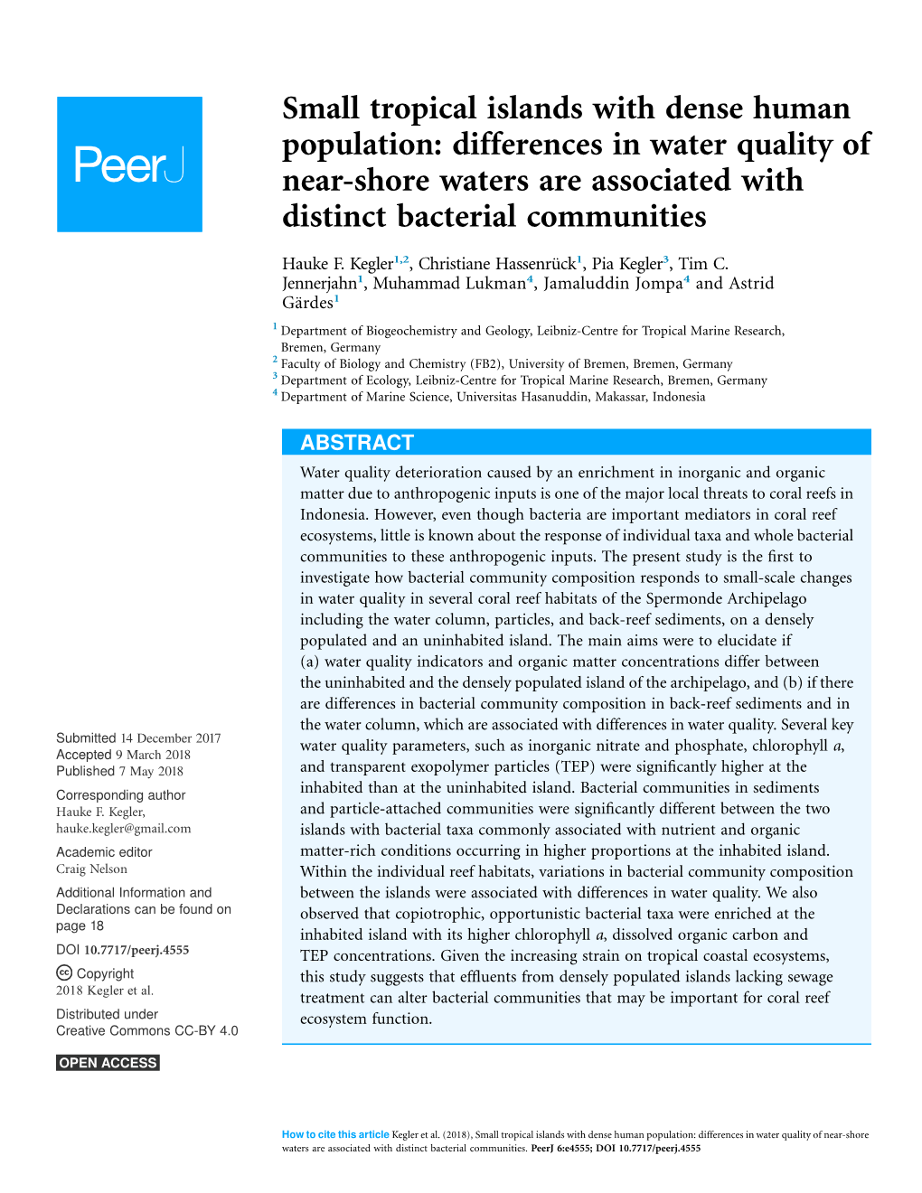 Small Tropical Islands with Dense Human Population: Differences in Water Quality of Near-Shore Waters Are Associated with Distinct Bacterial Communities