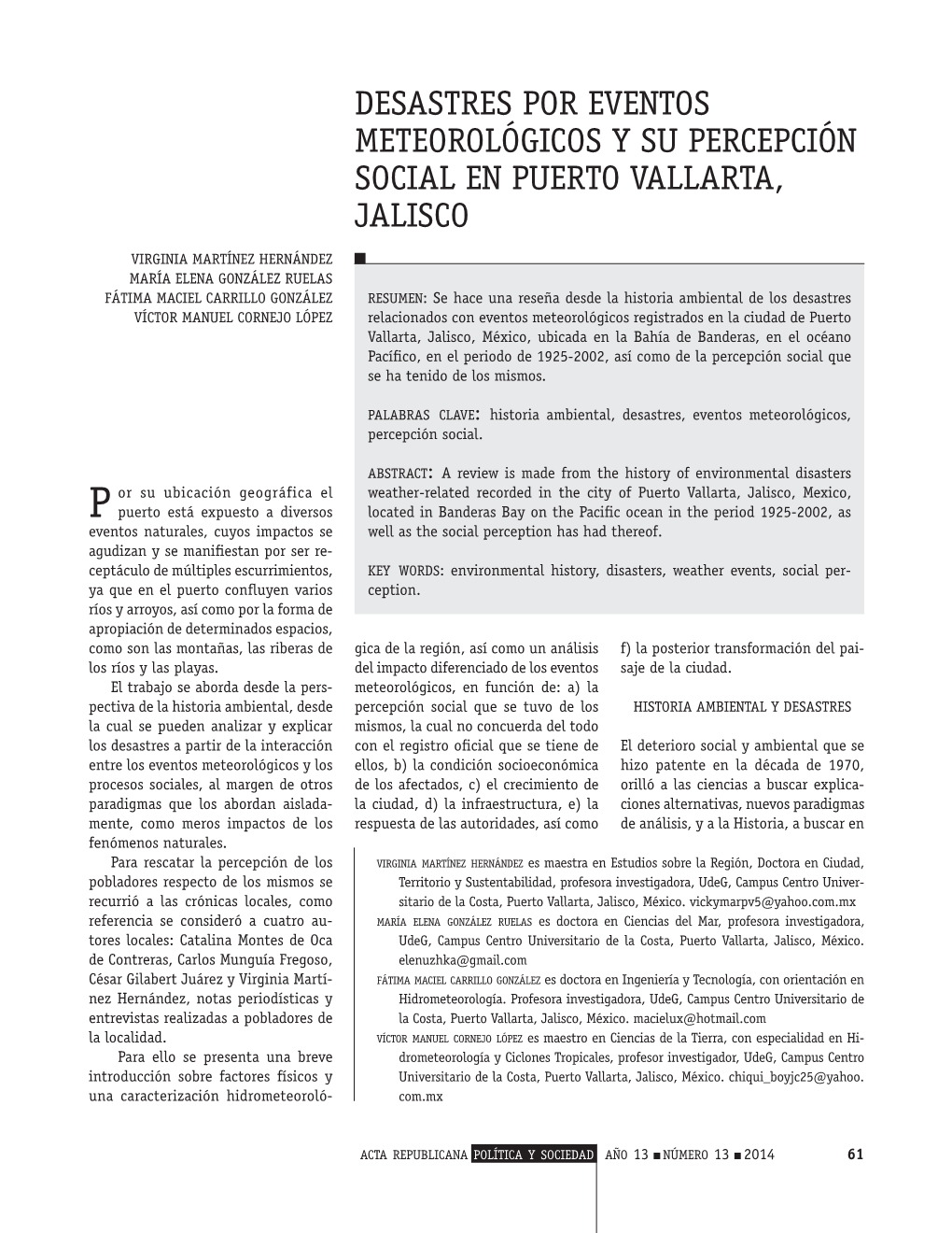 Desastres Por Eventos Meteorológicos Y Su Percepción Social En Puerto Vallarta, Jalisco