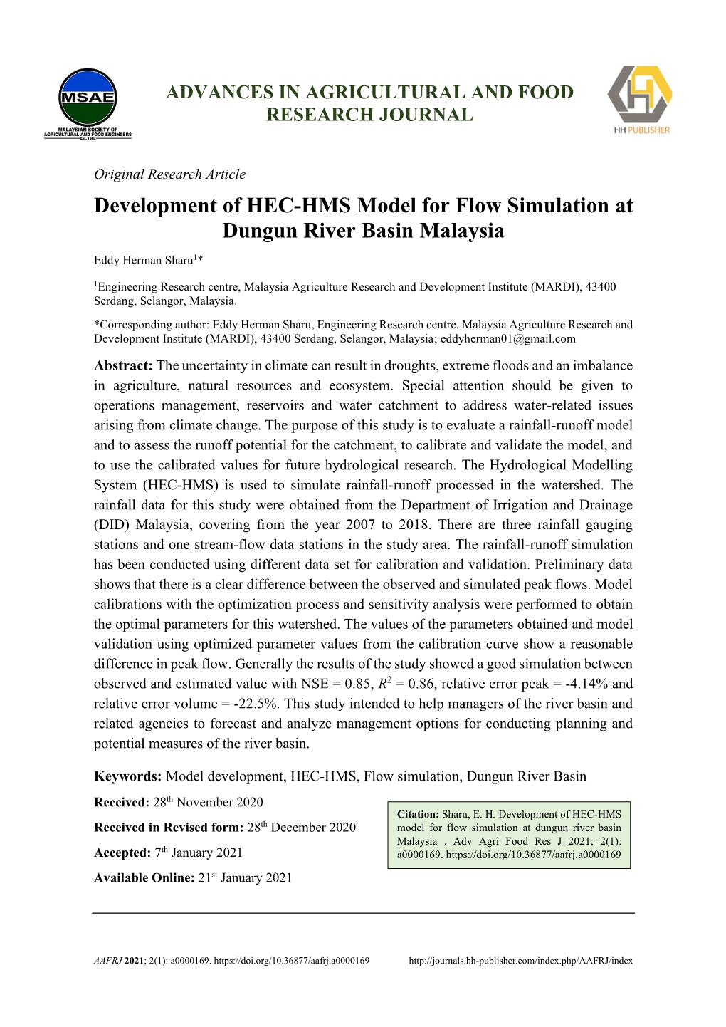 Development of HEC-HMS Model for Flow Simulation at Dungun River Basin Malaysia