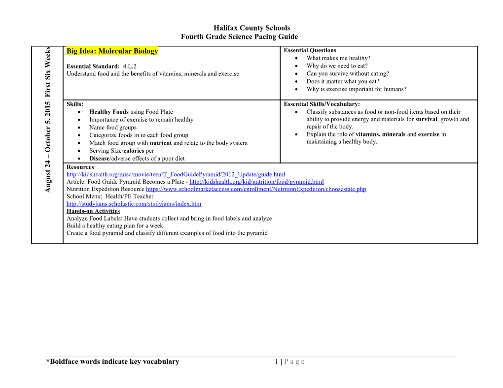 Fourth Grade Science Pacing Guide