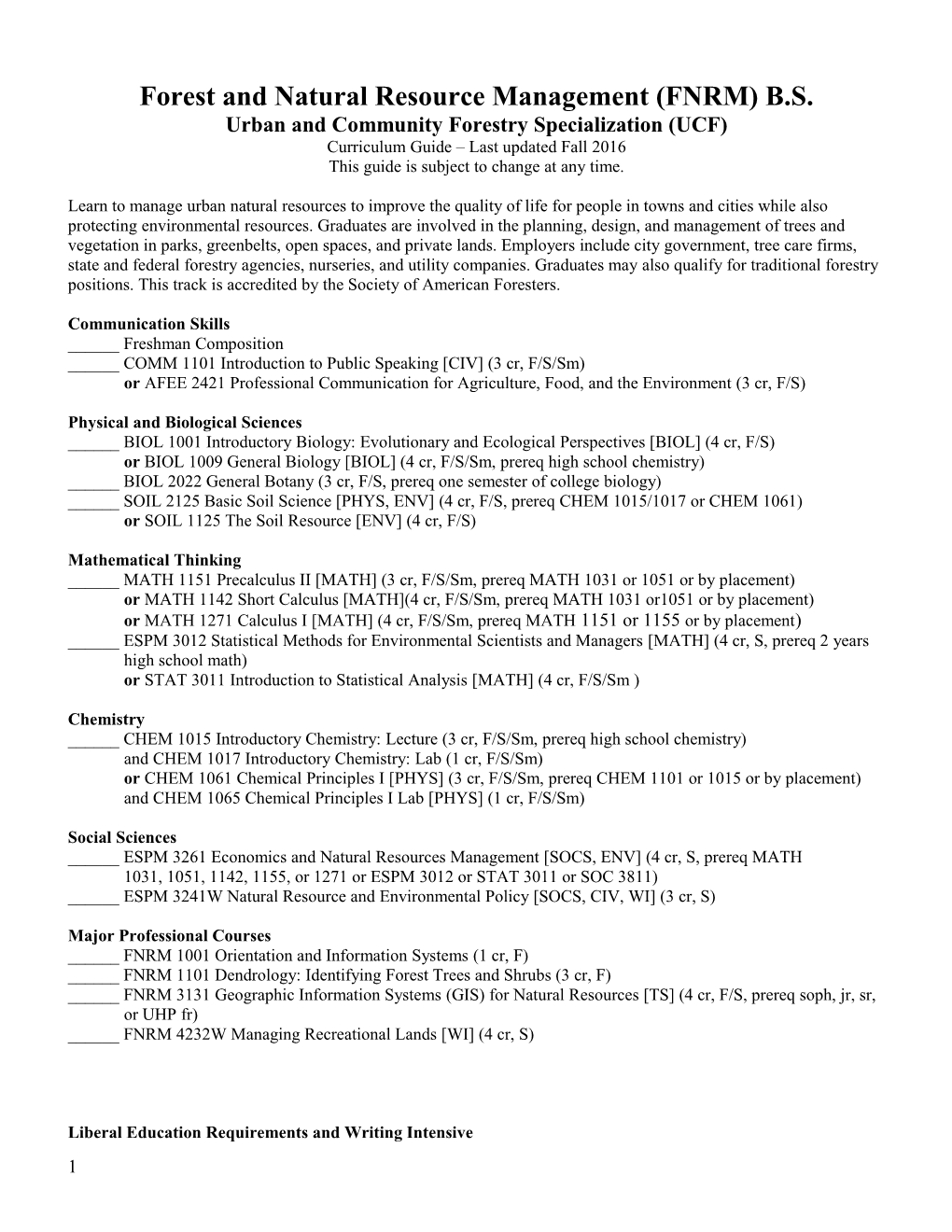 Forest and Natural Resource Management (FNRM) B.S