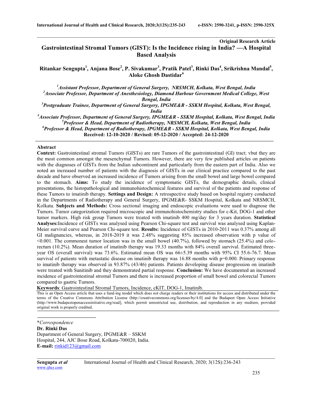 Gastrointestinal Stromal Tumors (GIST): Is the Incidence Rising in India? —A Hospital Based Analysis