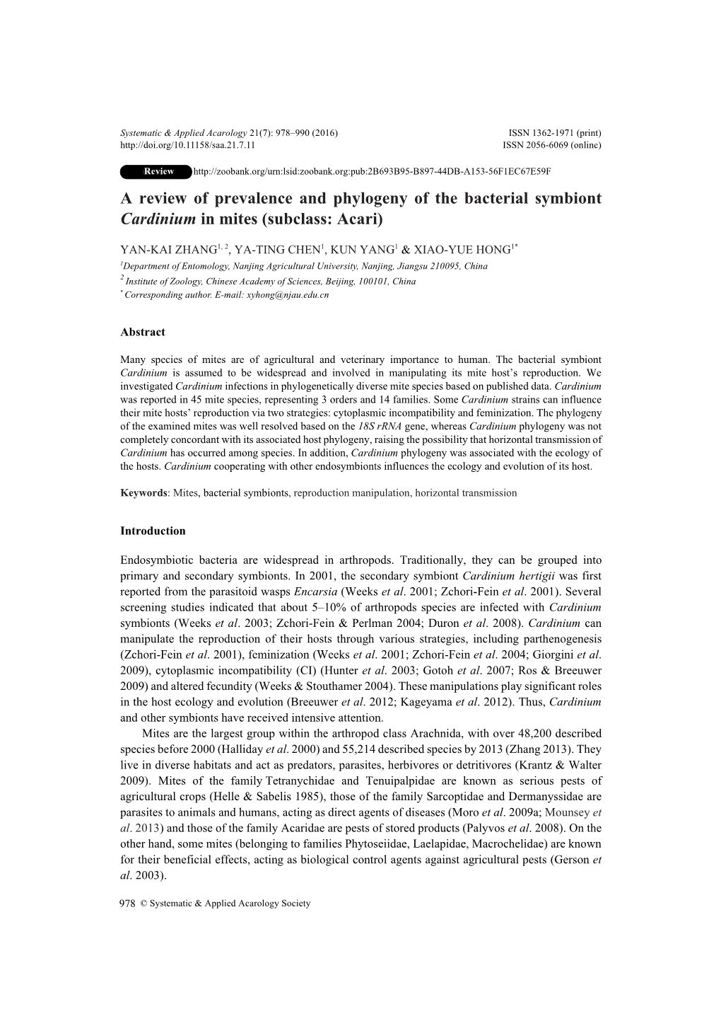 A Review of Prevalence and Phylogeny of the Bacterial Symbiont Cardinium in Mites (Subclass: Acari)