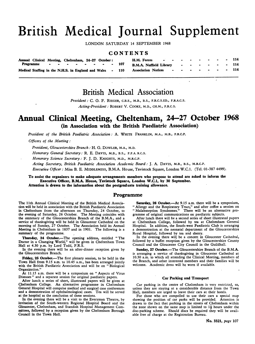 British Medical Jou-Rnal Supplement LONDON SATURDAY 14 SEPTEMBER 1968 CONTENTS Annual Clinical Meeting, Cheltenham, 24-27 October: H.M