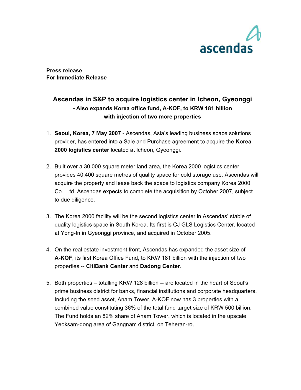 Ascendas in S&P to Acquire Logistics Center in Icheon, Gyeonggi