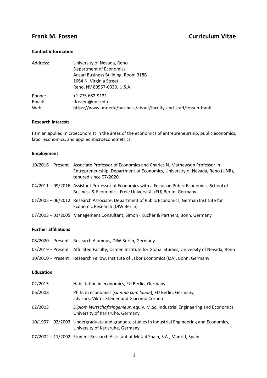 Frank M Fossen CV