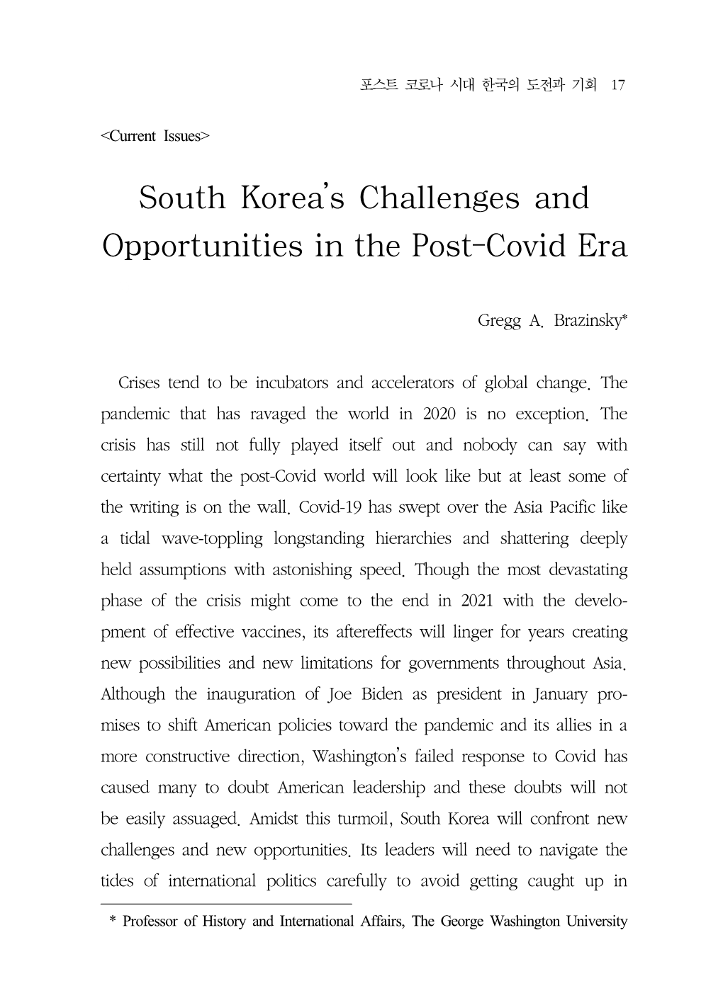 South Korea's Challenges and Opportunities in the Post-Covid