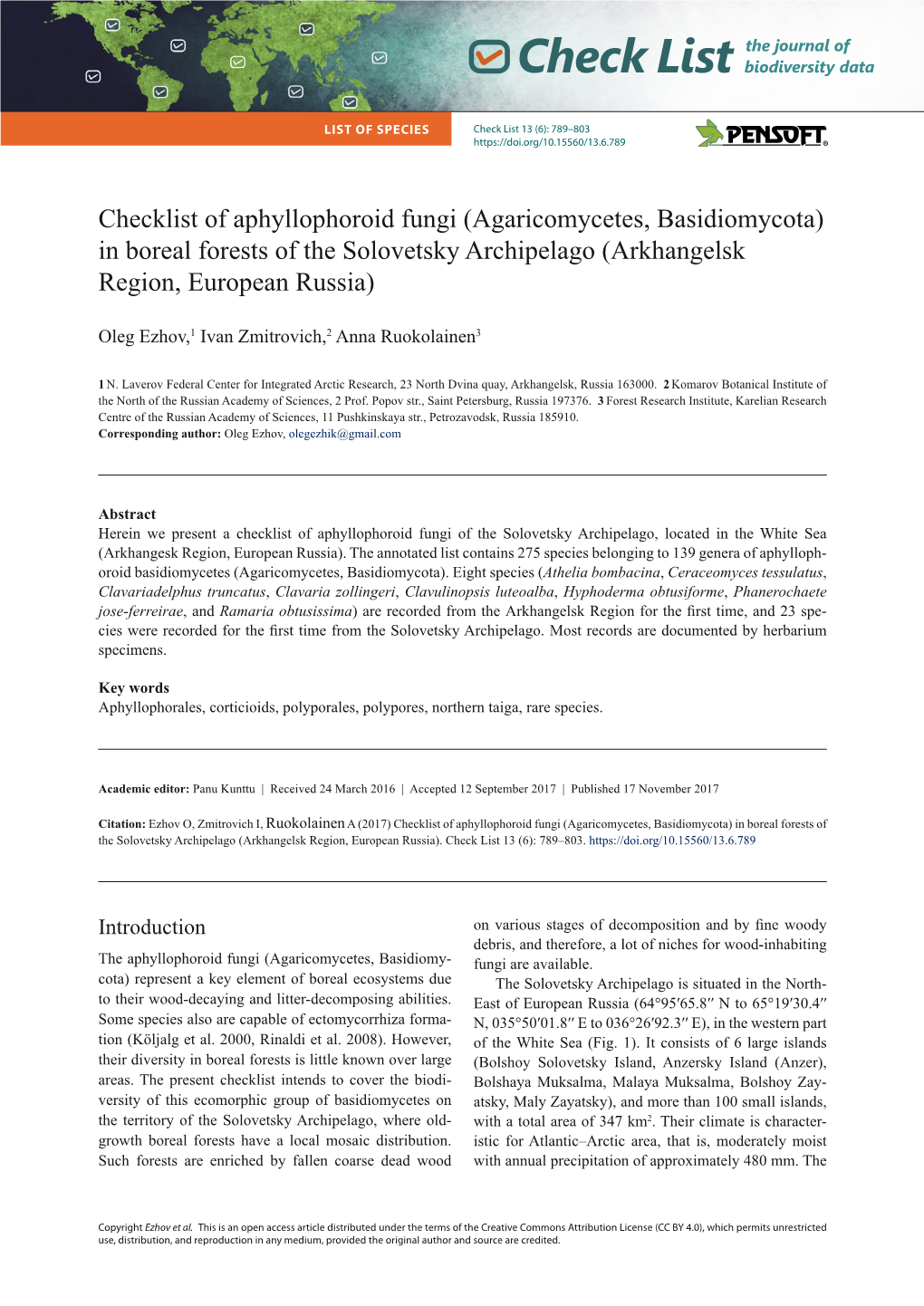 Checklist of Aphyllophoroid Fungi (Agaricomycetes, Basidiomycota) in Boreal Forests of the Solovetsky Archipelago (Arkhangelsk Region, European Russia)