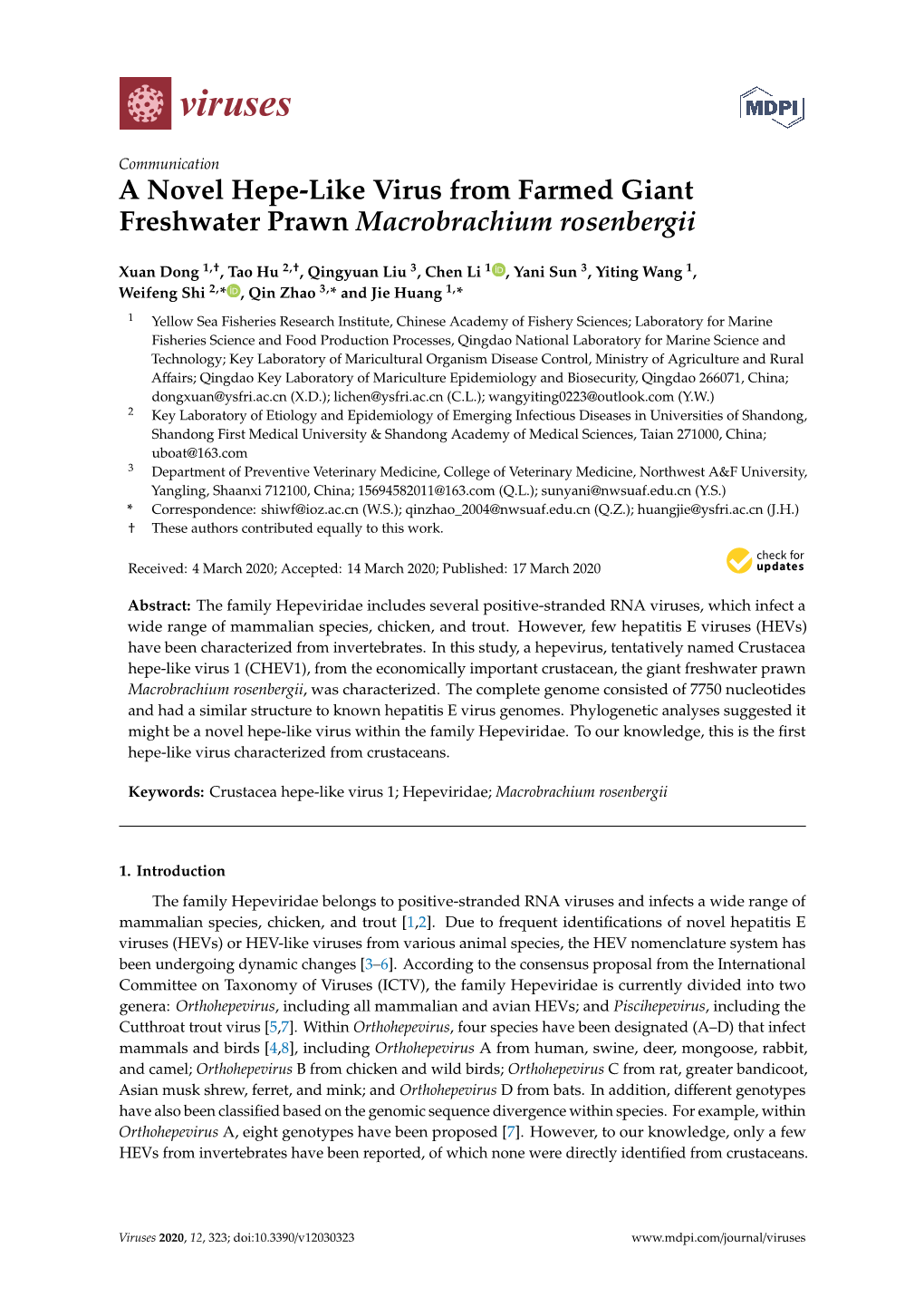 A Novel Hepe-Like Virus from Farmed Giant Freshwater Prawn Macrobrachium Rosenbergii