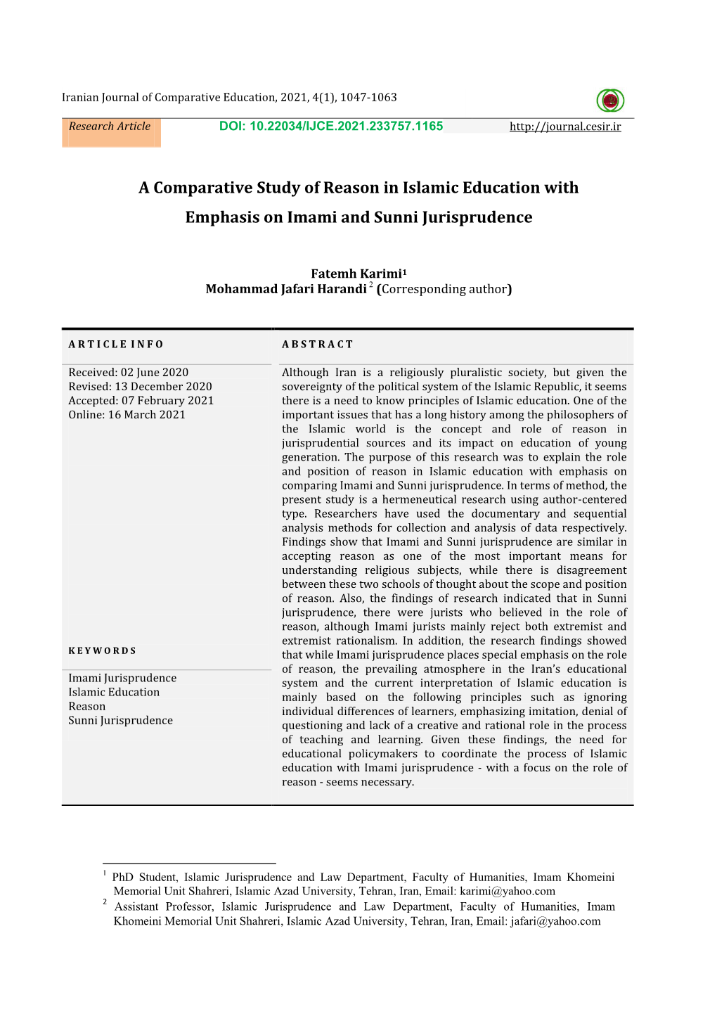 A Comparative Study of Reason in Islamic Education with Emphasis on Imami and Sunni Jurisprudence