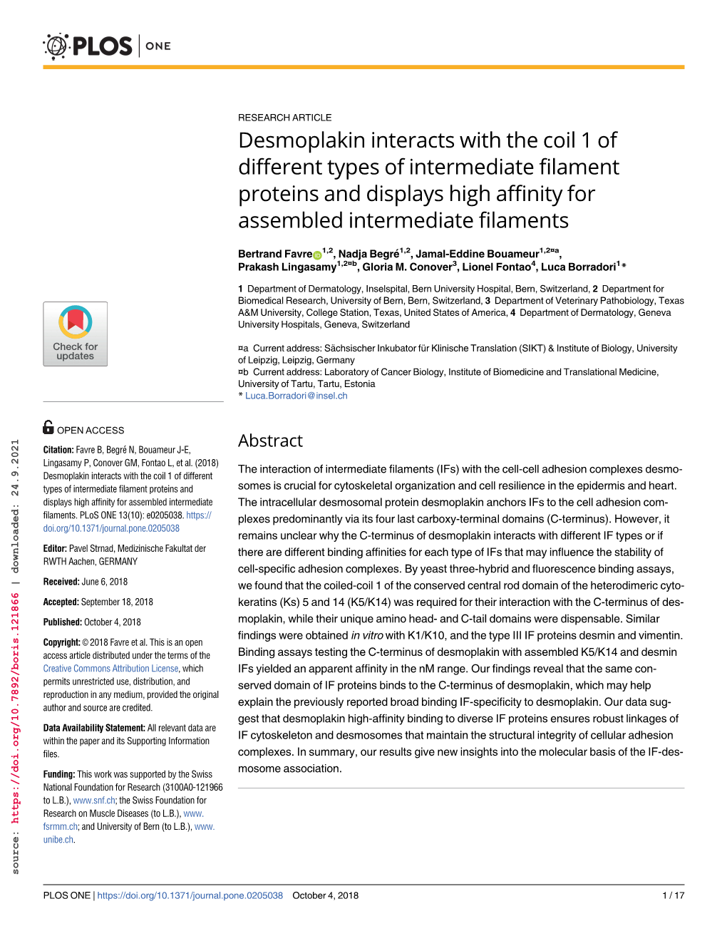 Desmoplakin Interacts with the Coil 1 of Different Types Of