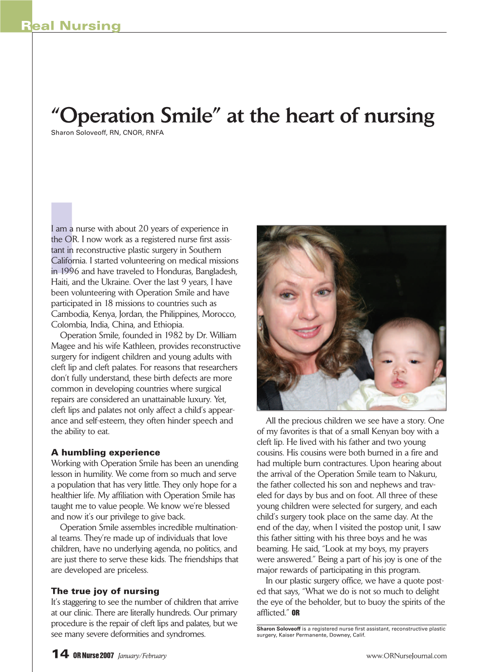 “Operation Smile” at the Heart of Nursing Sharon Soloveoff, RN, CNOR, RNFA