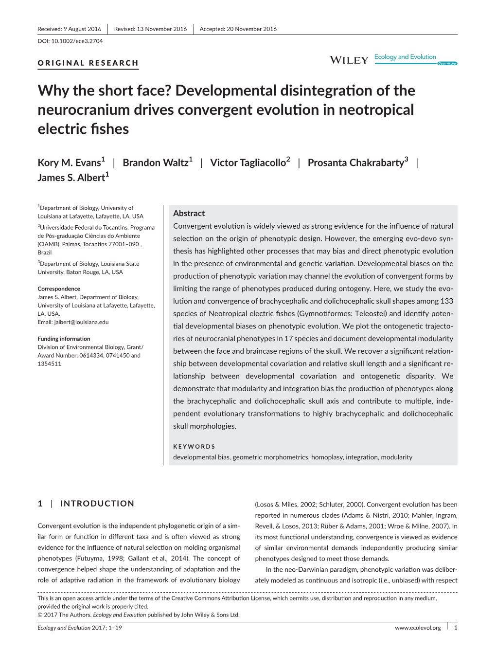Why the Short Face? Developmental Disintegration of the Neurocranium Drives Convergent Evolution in Neotropical Electric Fishes