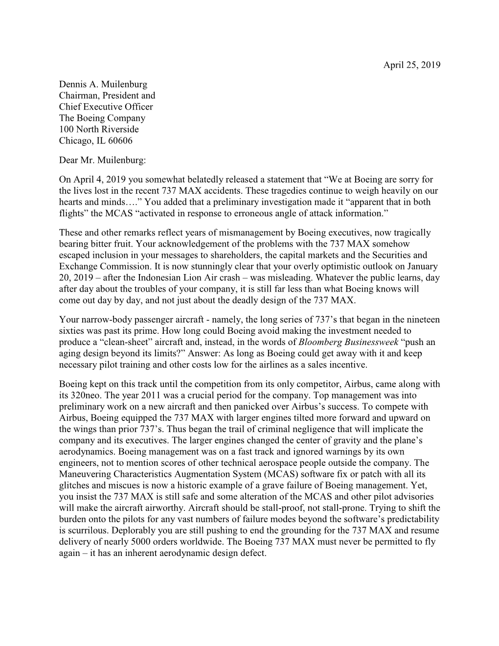 RN Letter to Dennis Muilenburg CEO Boeing