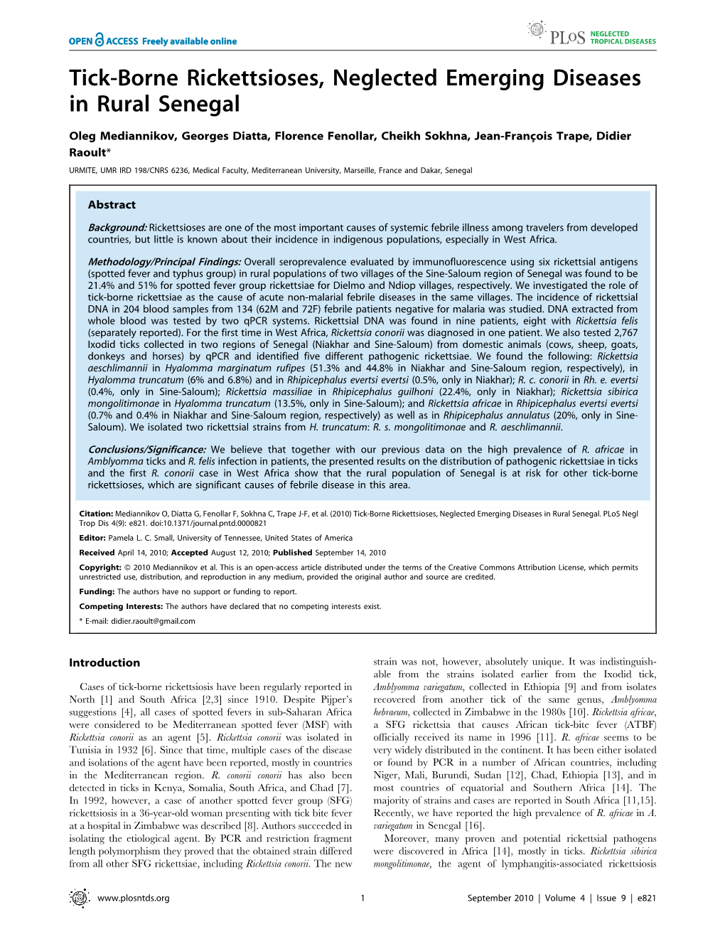 Tick-Borne Rickettsioses, Neglected Emerging Diseases in Rural Senegal