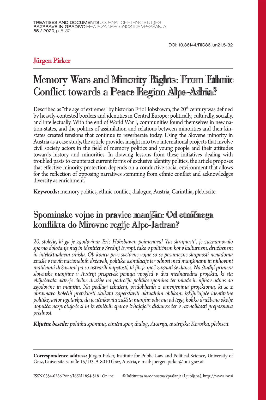 Memory Wars and Minority Rights: from Ethnic Conflict Towards a Peace Region Alps-Adria?
