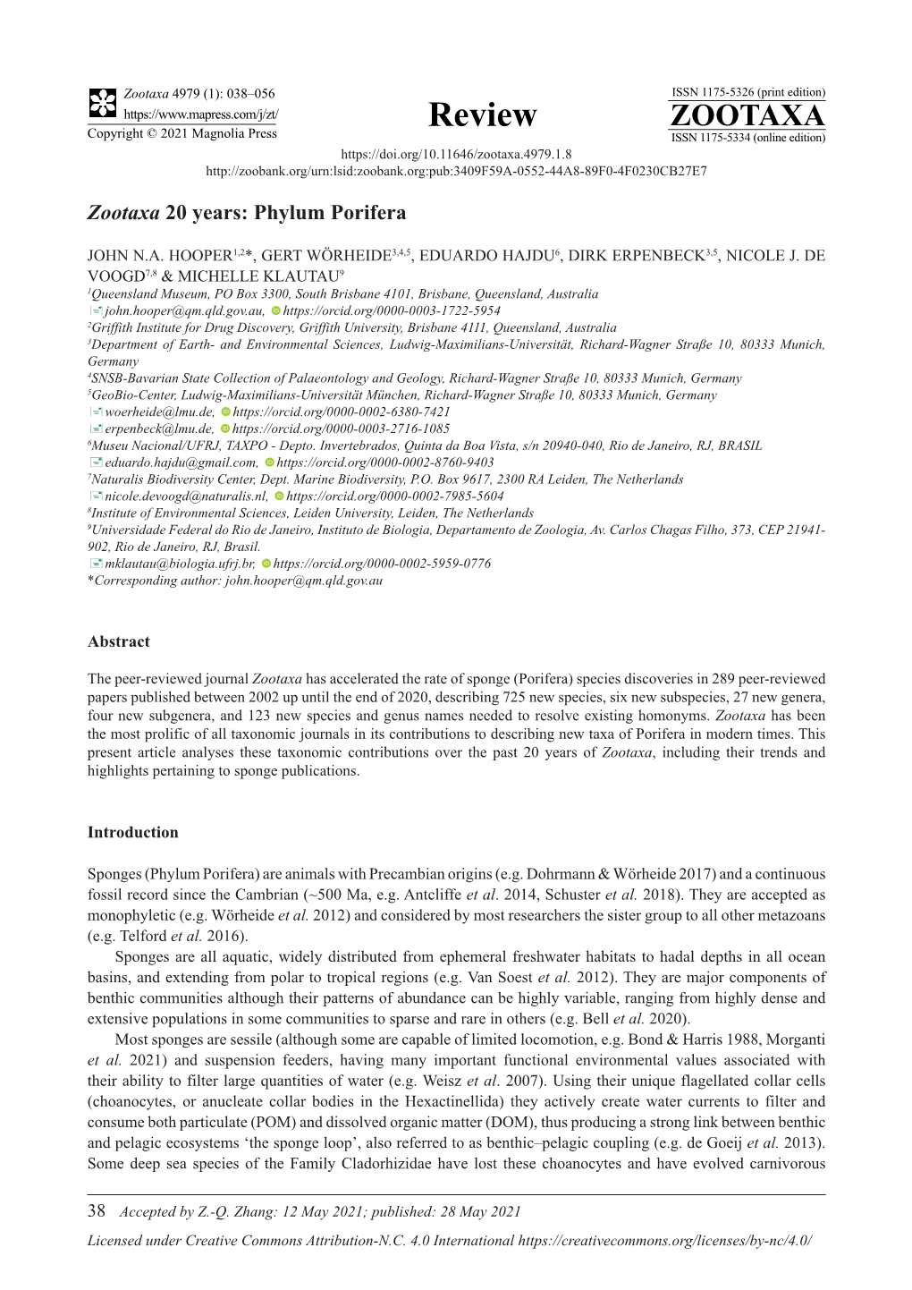 Zootaxa 20 Years: Phylum Porifera