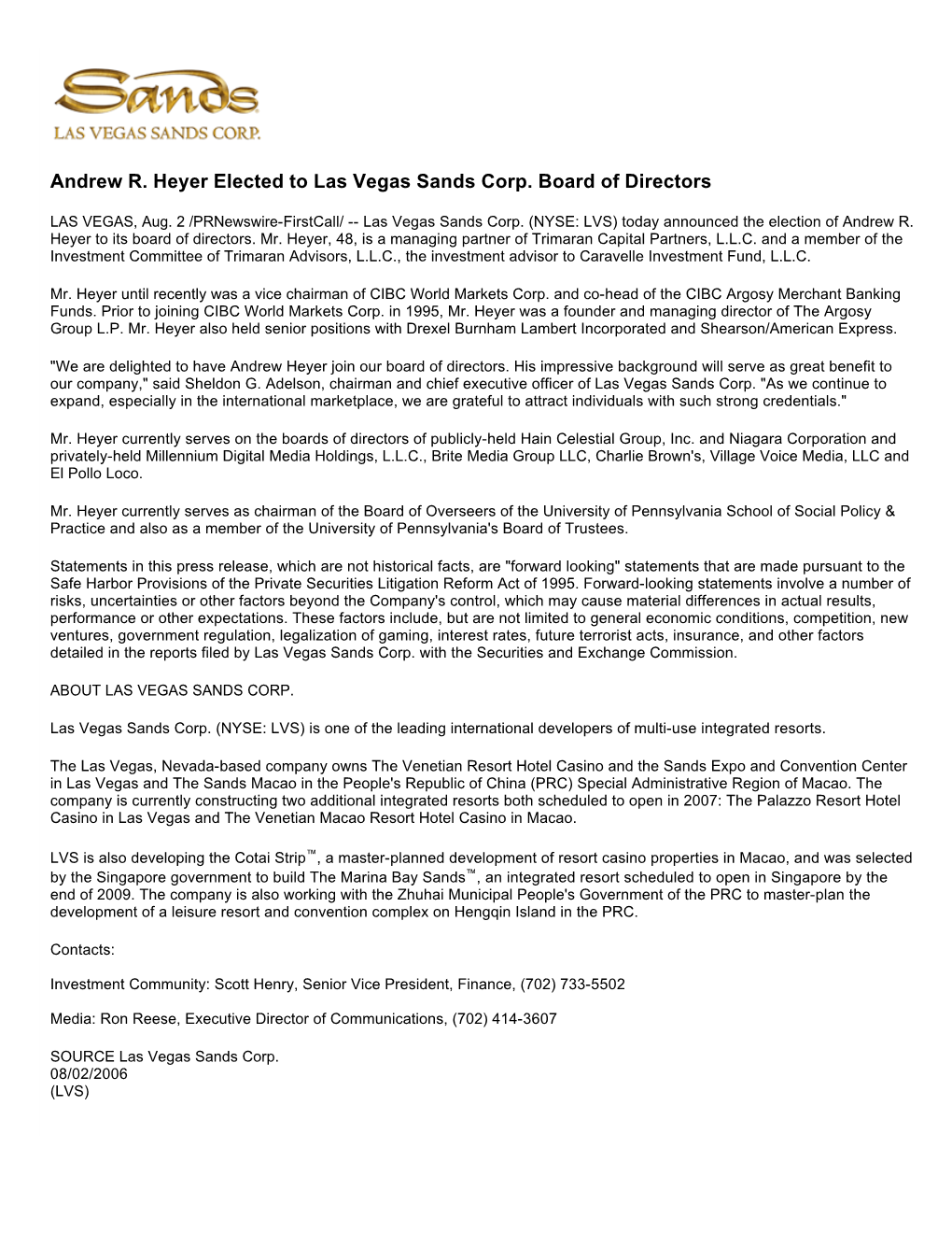 Andrew R. Heyer Elected to Las Vegas Sands Corp. Board of Directors