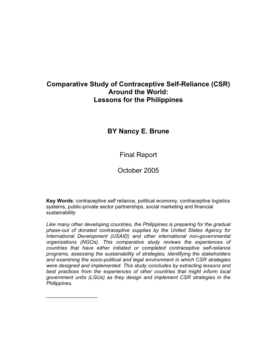 Comparative Study of Contraceptive Self-Reliance (CSR) Around the World: Lessons for the Philippines