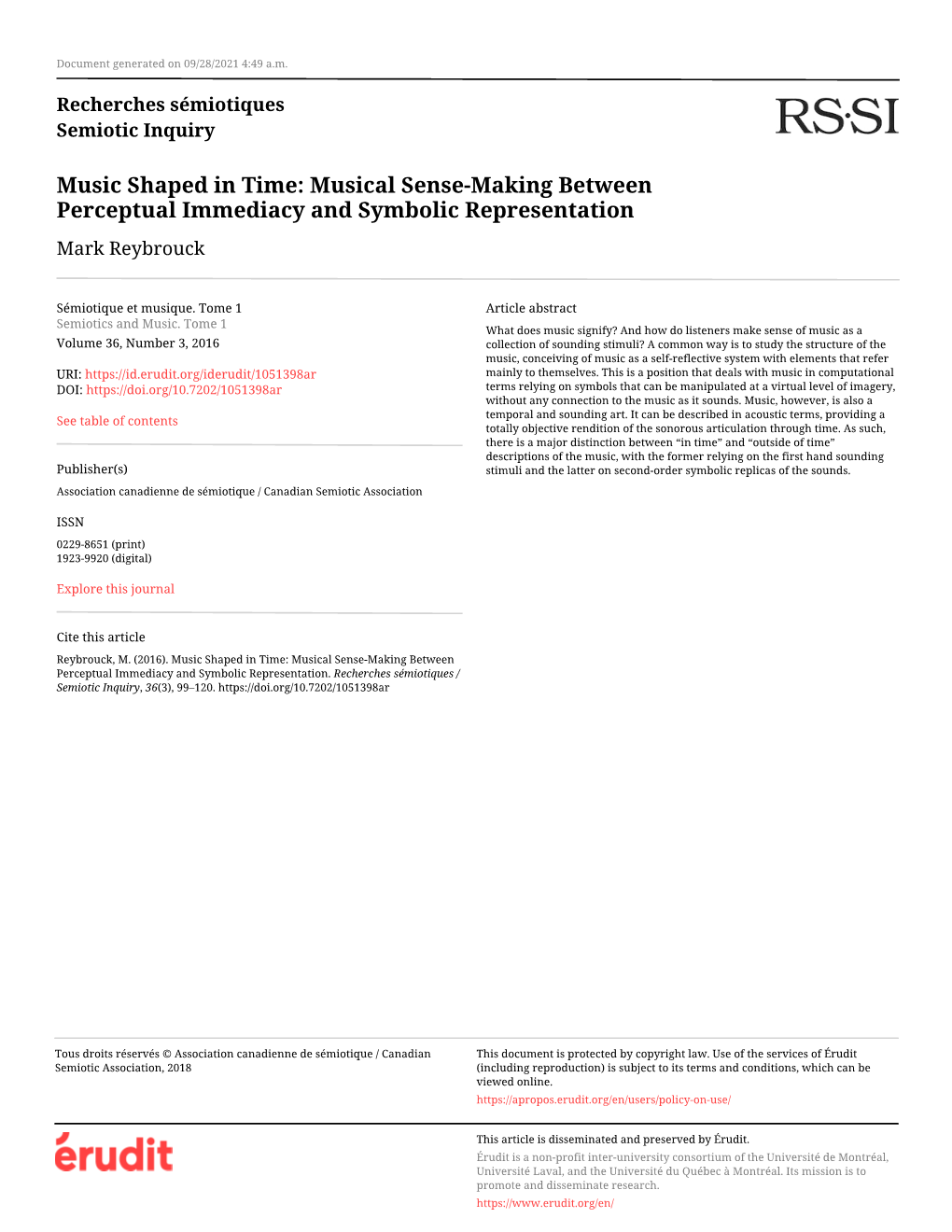 Music Shaped in Time: Musical Sense-Making Between Perceptual Immediacy and Symbolic Representation Mark Reybrouck