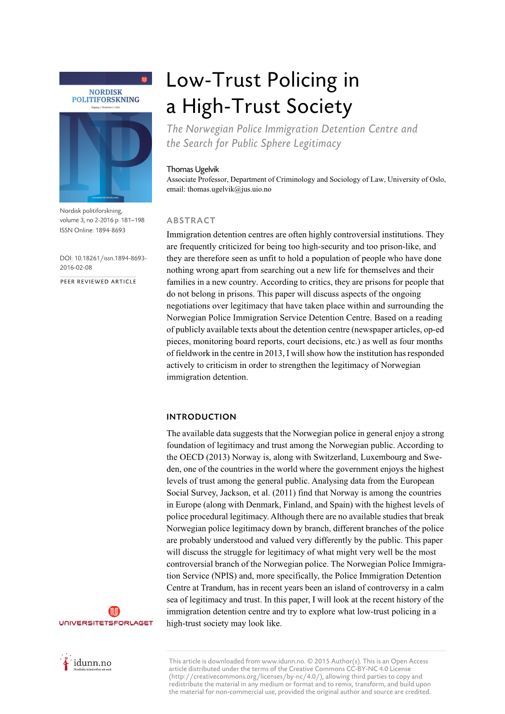 Low-Trust Policing in a High-Trust Society the Norwegian Police Immigration Detention Centre and the Search for Public Sphere Legitimacy