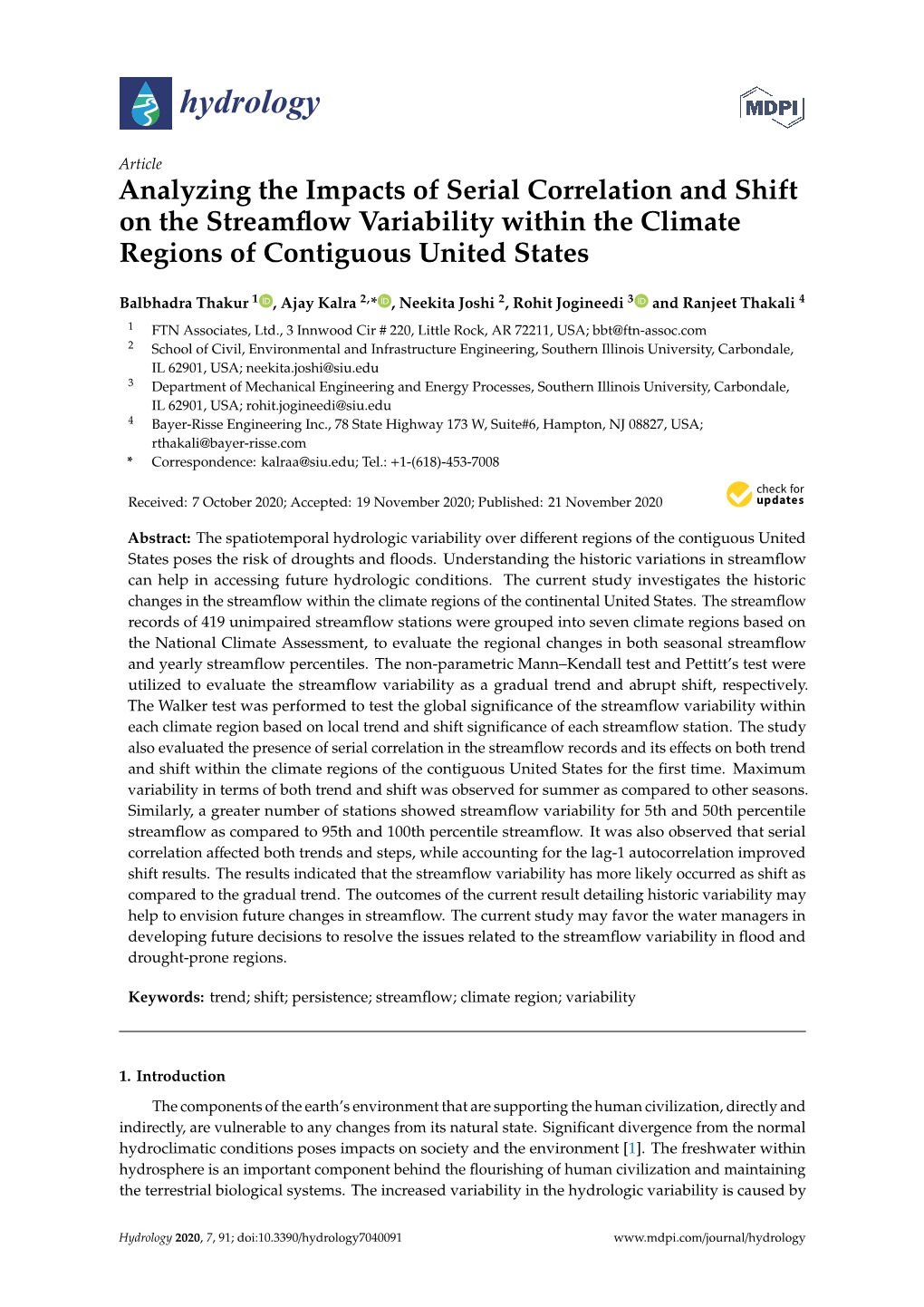 Analyzing the Impacts of Serial Correlation and Shift on the Streamflow Variability Within the Climate Regions of Contiguous