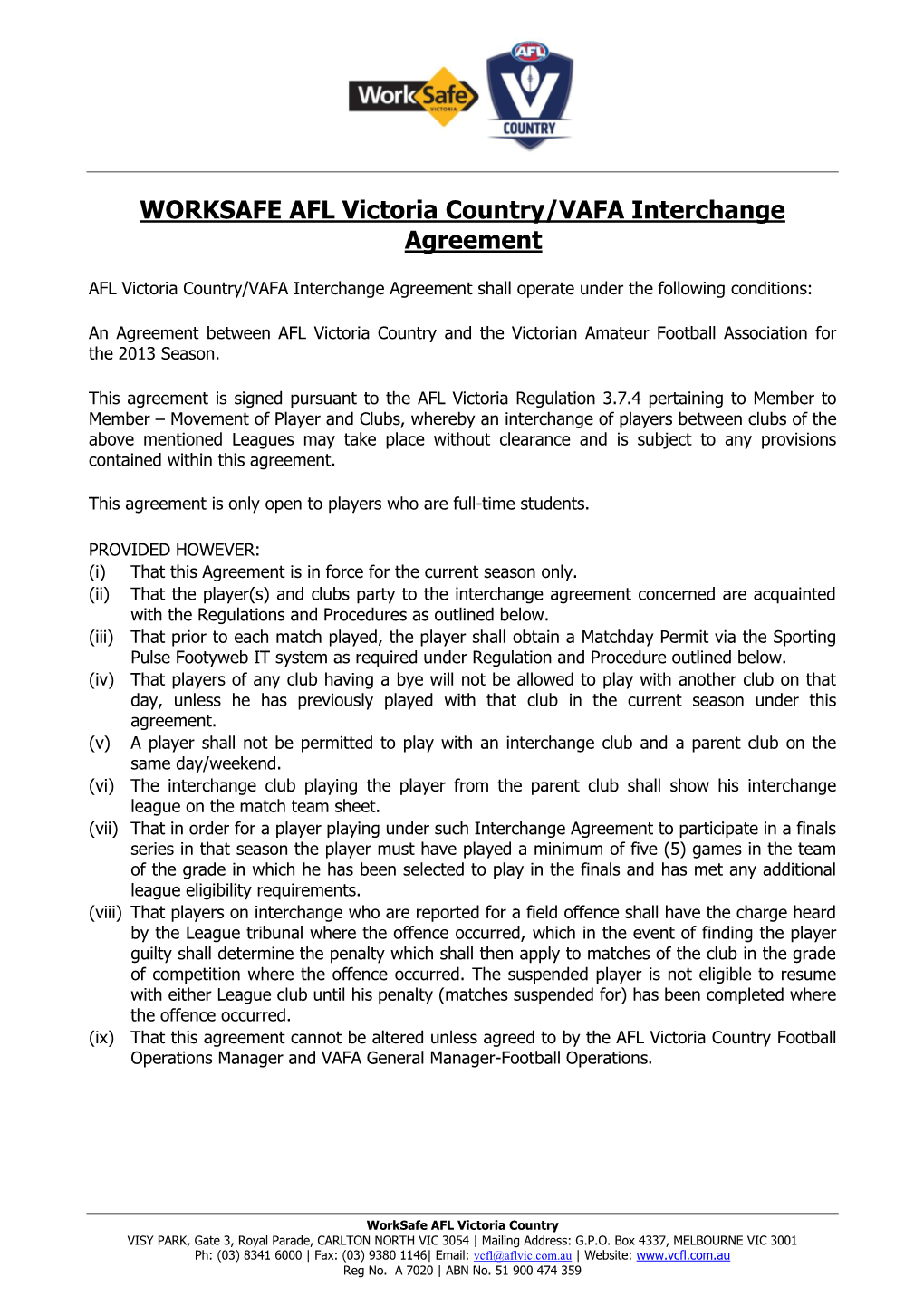 WORKSAFE AFL Victoria Country/VAFA Interchange Agreement