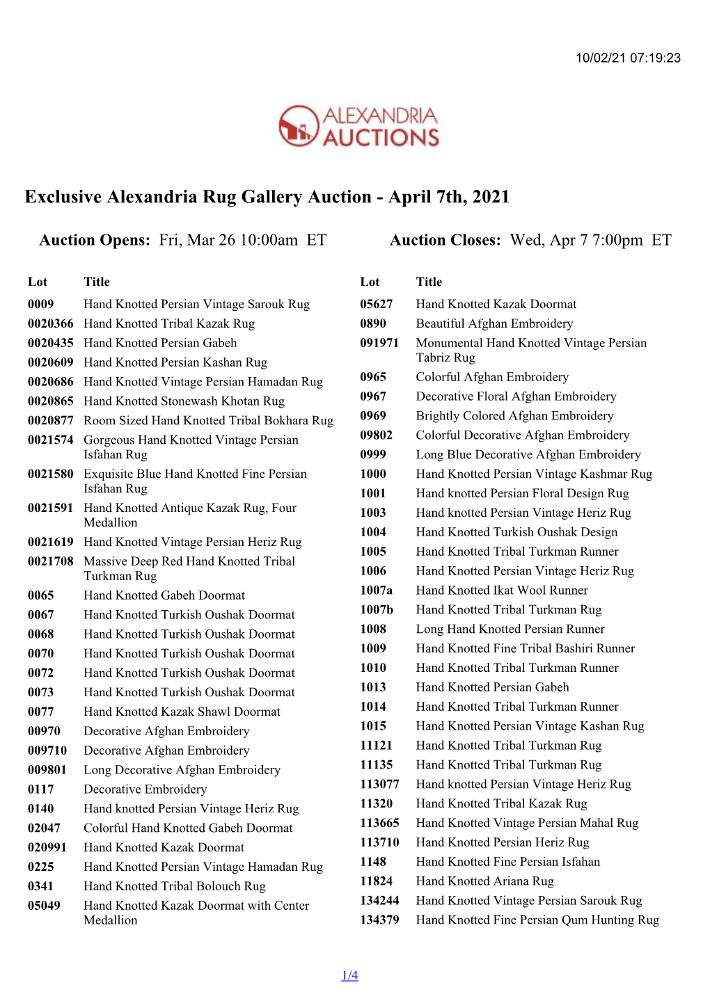 Exclusive Alexandria Rug Gallery Auction - April 7Th, 2021