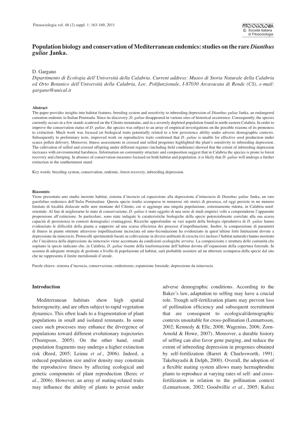 Population Biology and Conservation of Mediterranean Endemics: Studies on the Rare Dianthus Guliae Janka