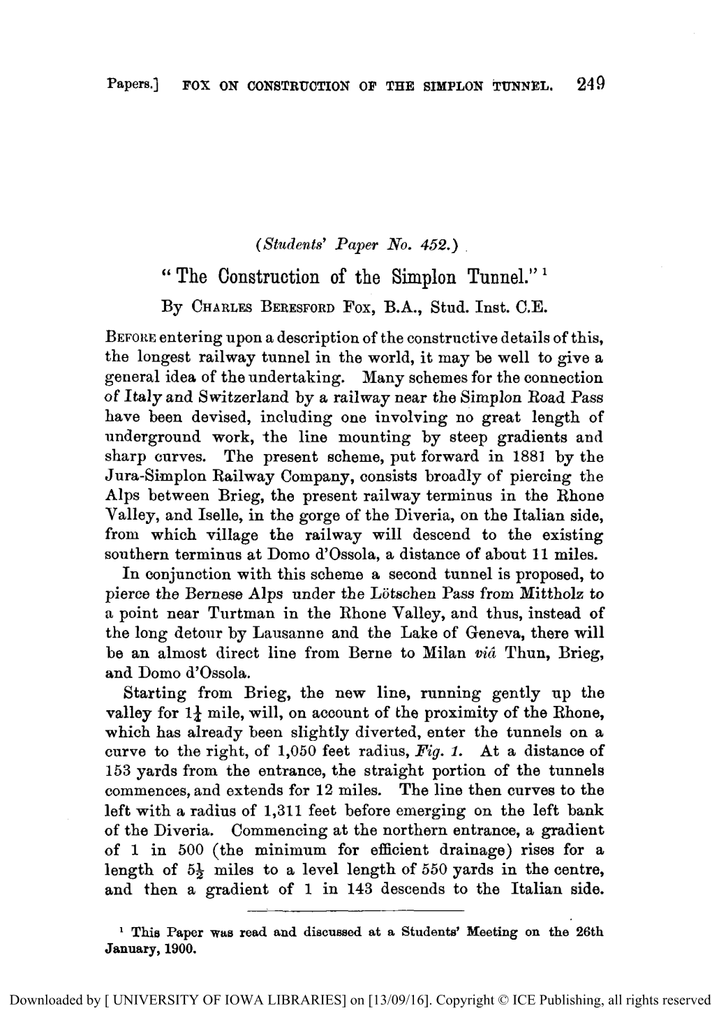 Students' Paper. the Construction of the Simplon