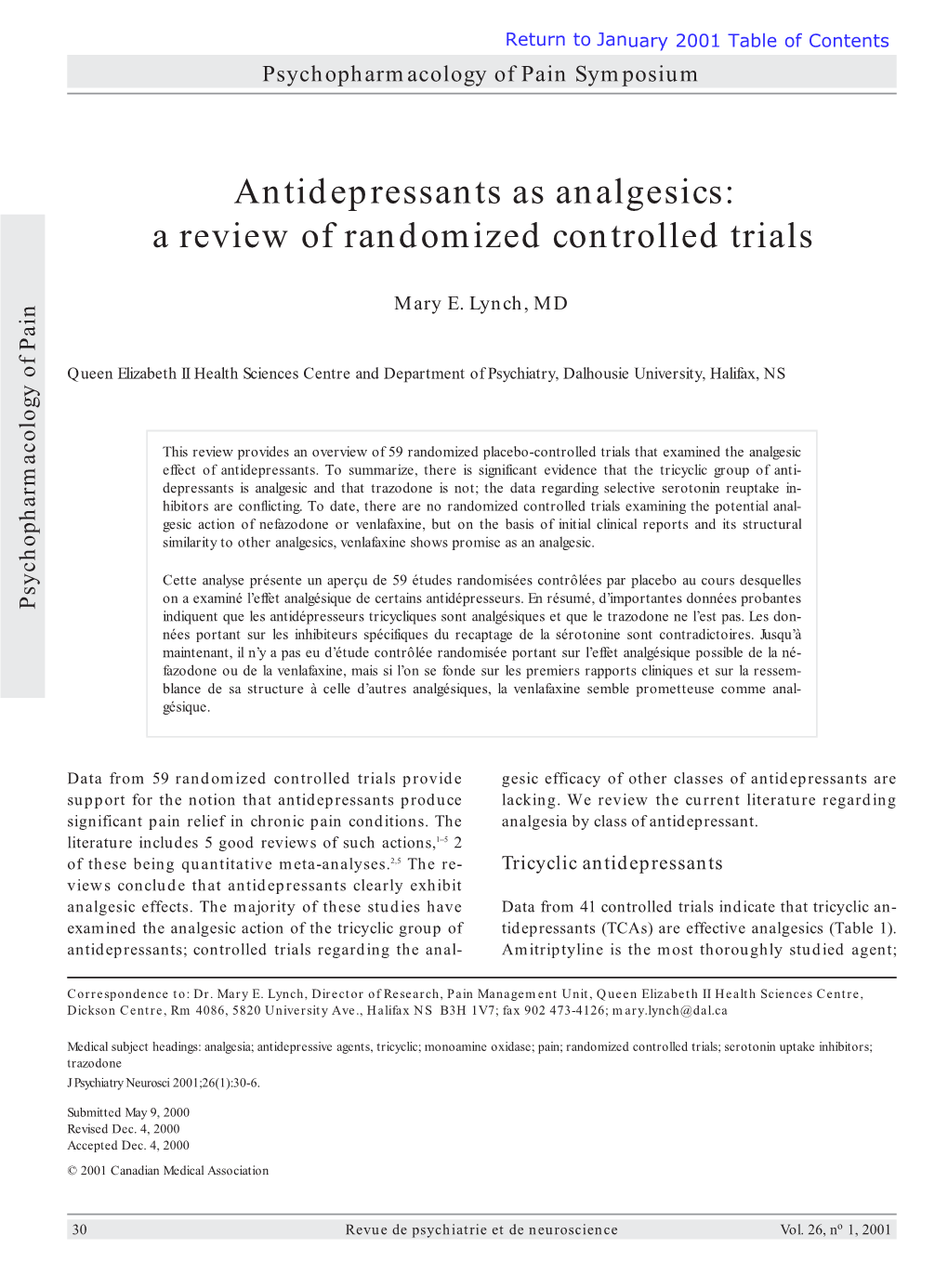 Antidepressants As Analgesics: a Review of Randomized Controlled Trials