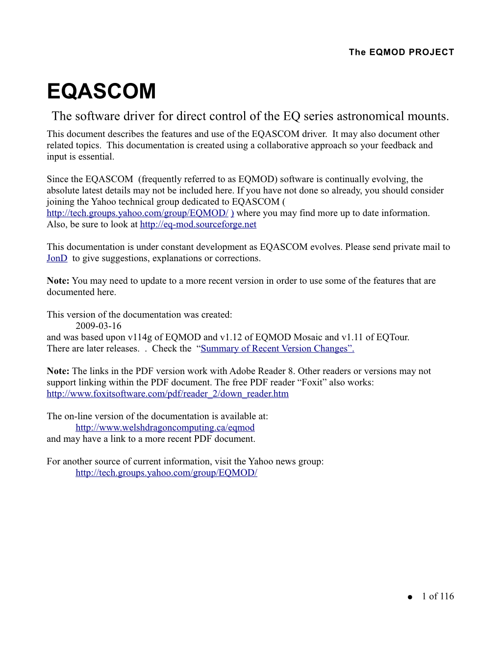 EQASCOM the Software Driver for Direct Control of the EQ Series Astronomical Mounts