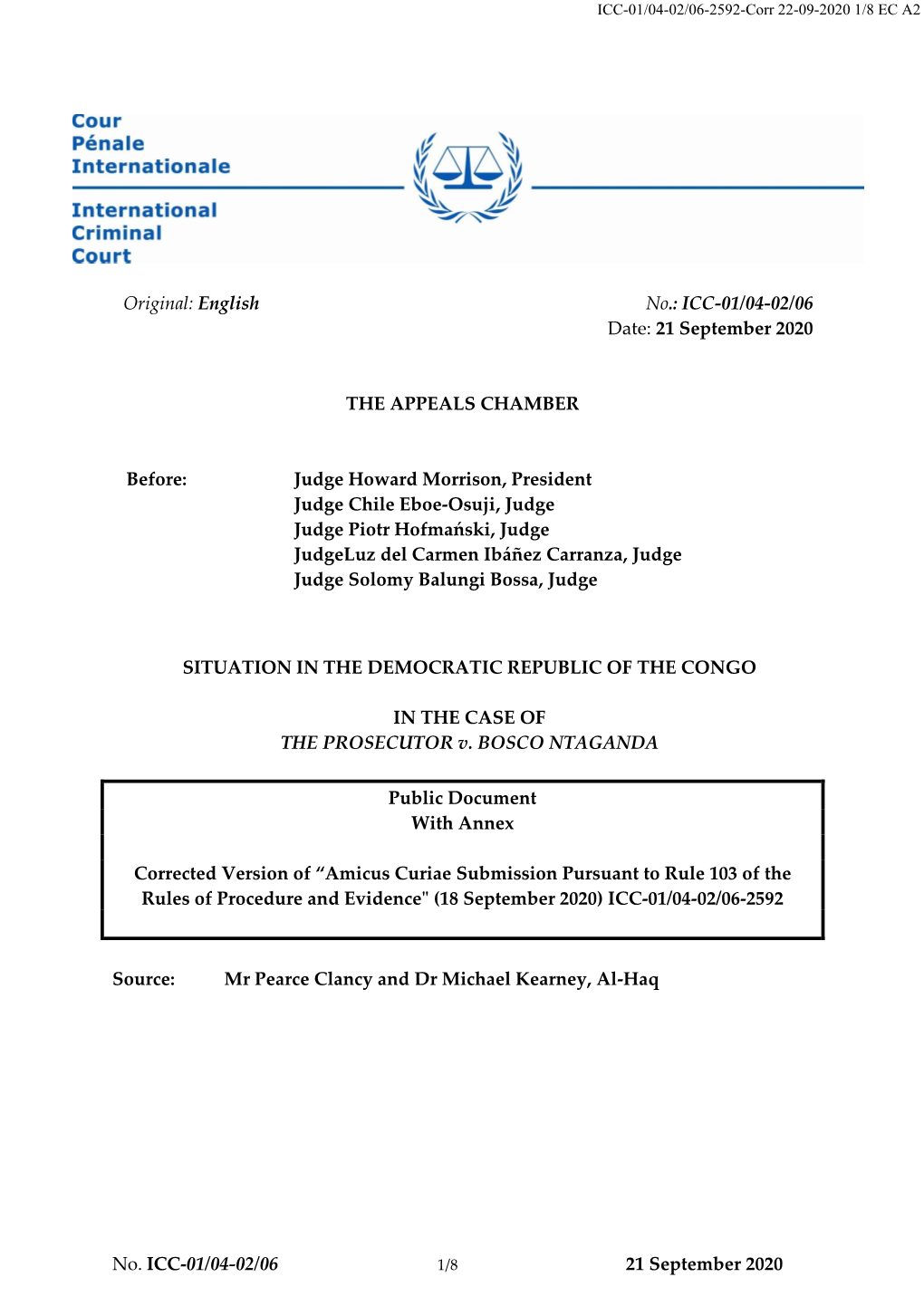 No. ICC-01/04-02/06 21 September 2020 Original: English No.: ICC-01/04-02/06 Date: 21 September 2020 the APPEALS CHAMBER Before