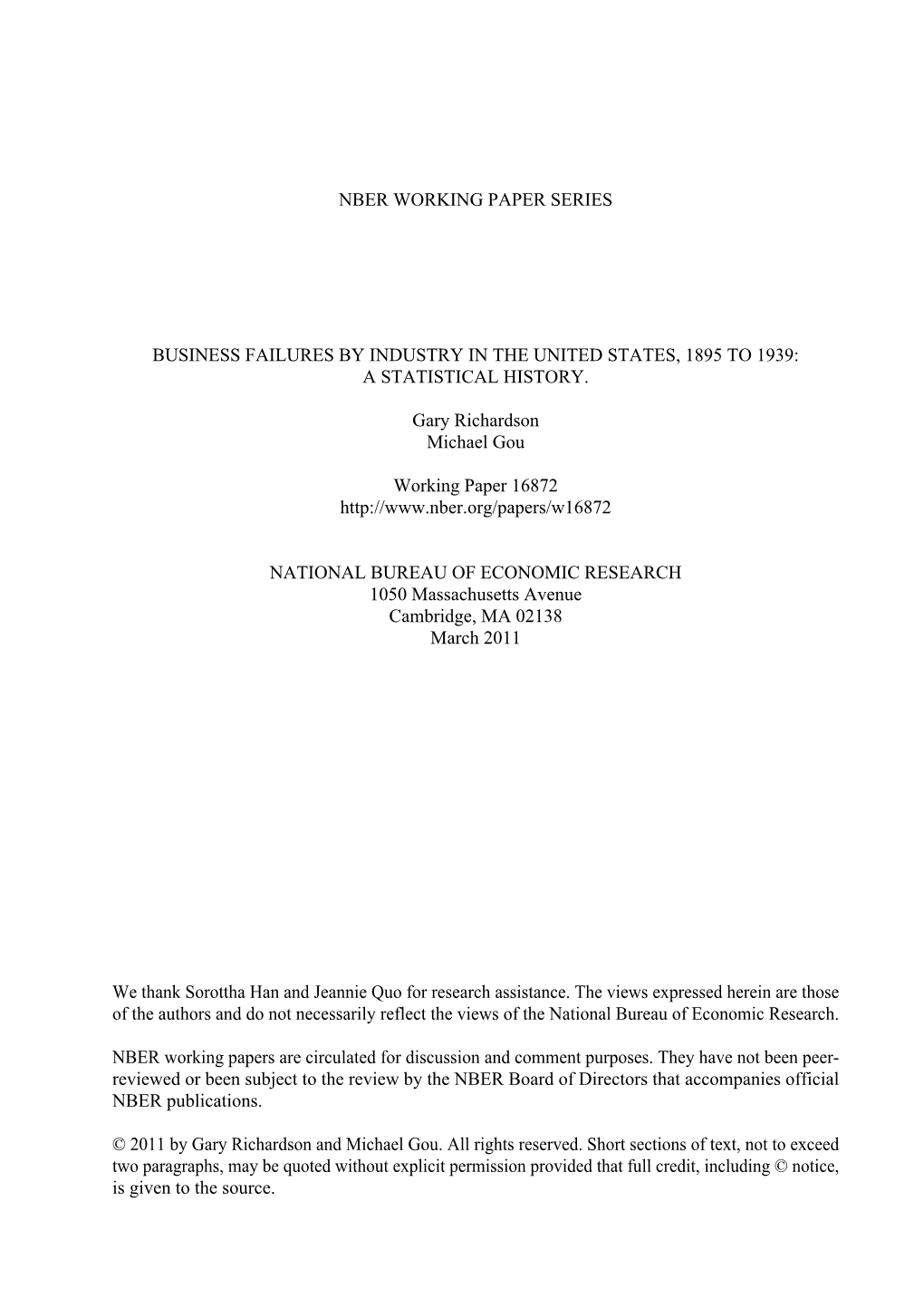 Business Failures by Industry in the United States, 1895 to 1939: a Statistical History