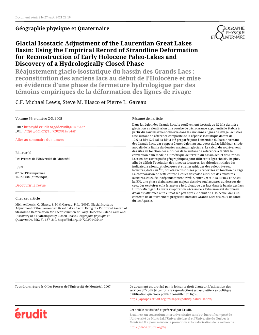 Glacial Isostatic Adjustment of the Laurentian Great Lakes Basin