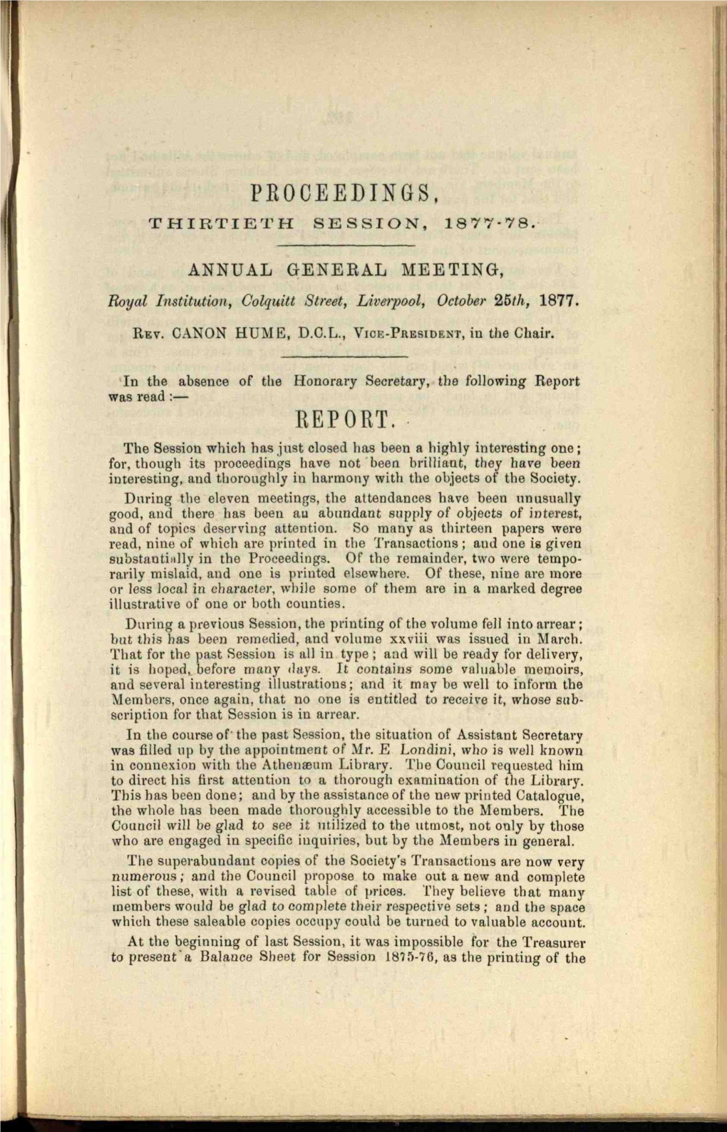 Proceedings, Thirtieth Session, 1877-78