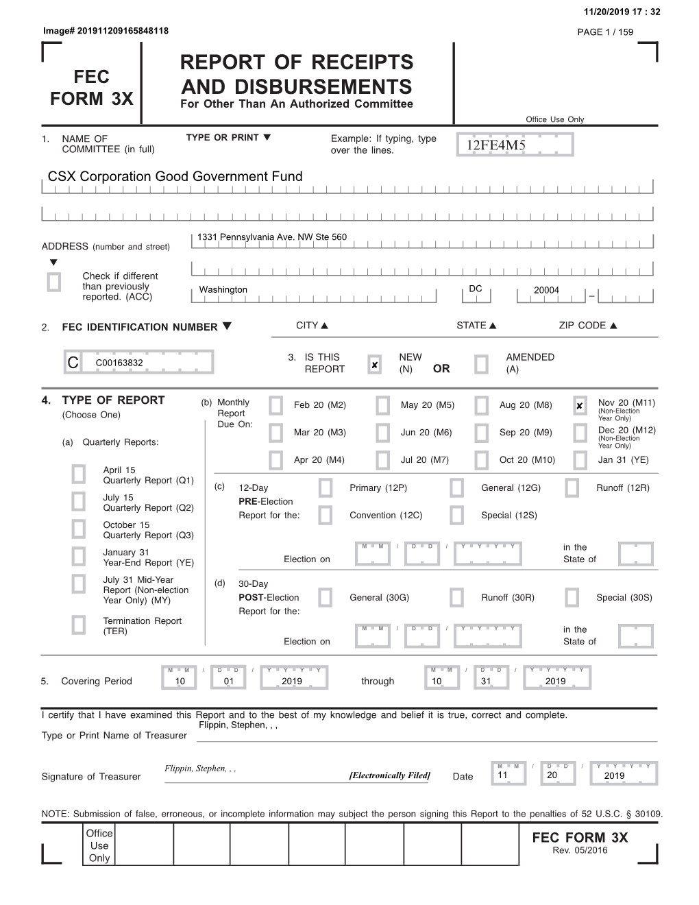 Fec Form 3X Report of Receipts and Disbursements