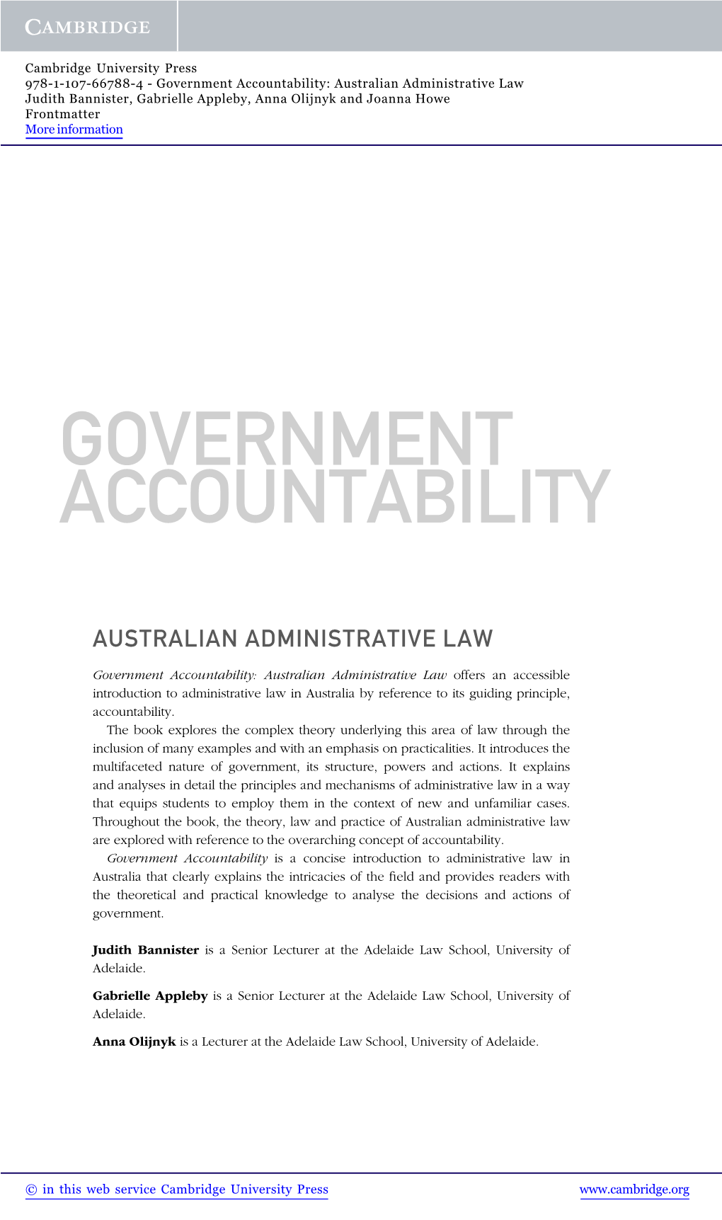 Government Accountability: Australian Administrative Law Judith Bannister, Gabrielle Appleby, Anna Olijnyk and Joanna Howe Frontmatter More Information