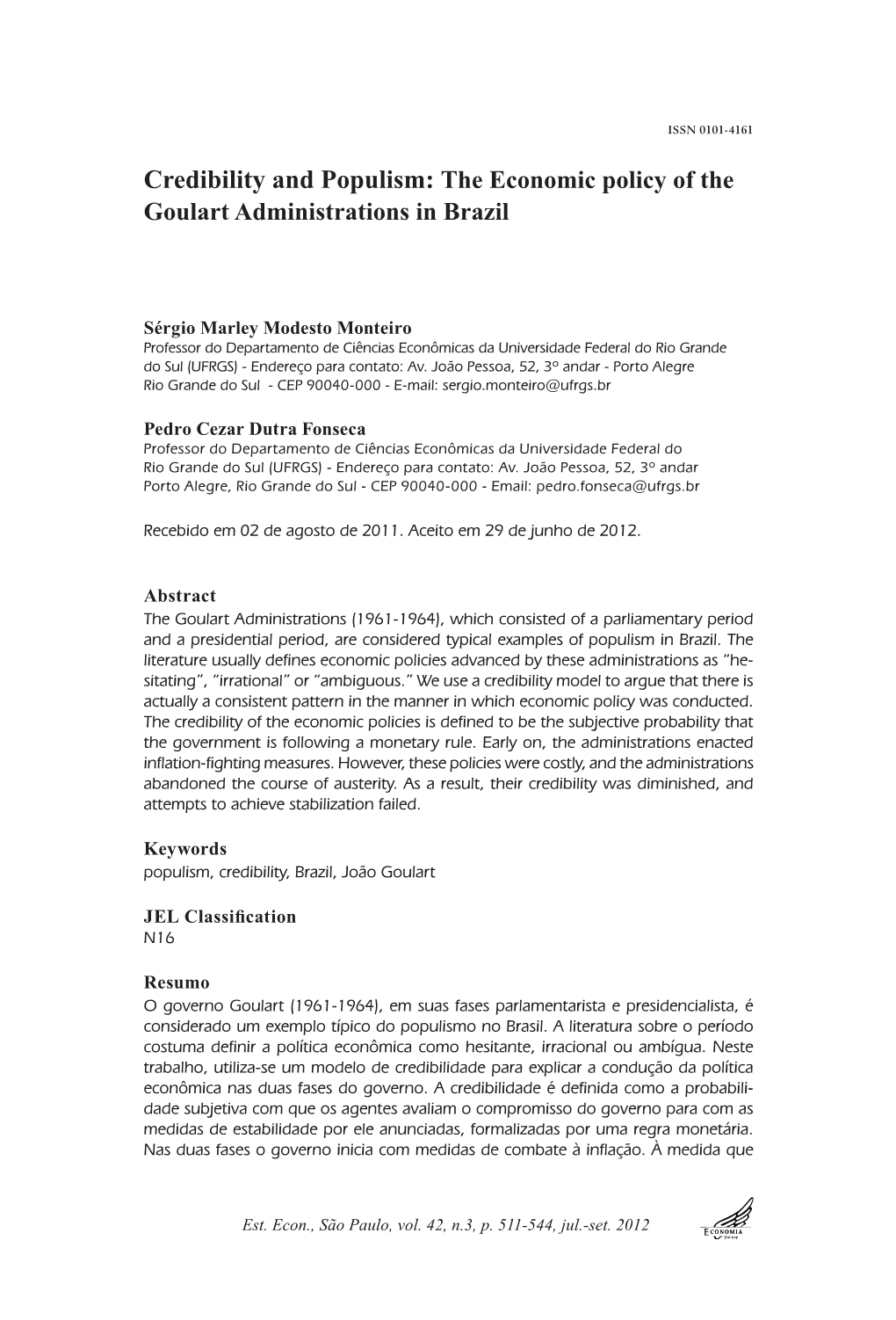 Credibility and Populism: the Economic Policy of the Goulart Administrations in Brazil