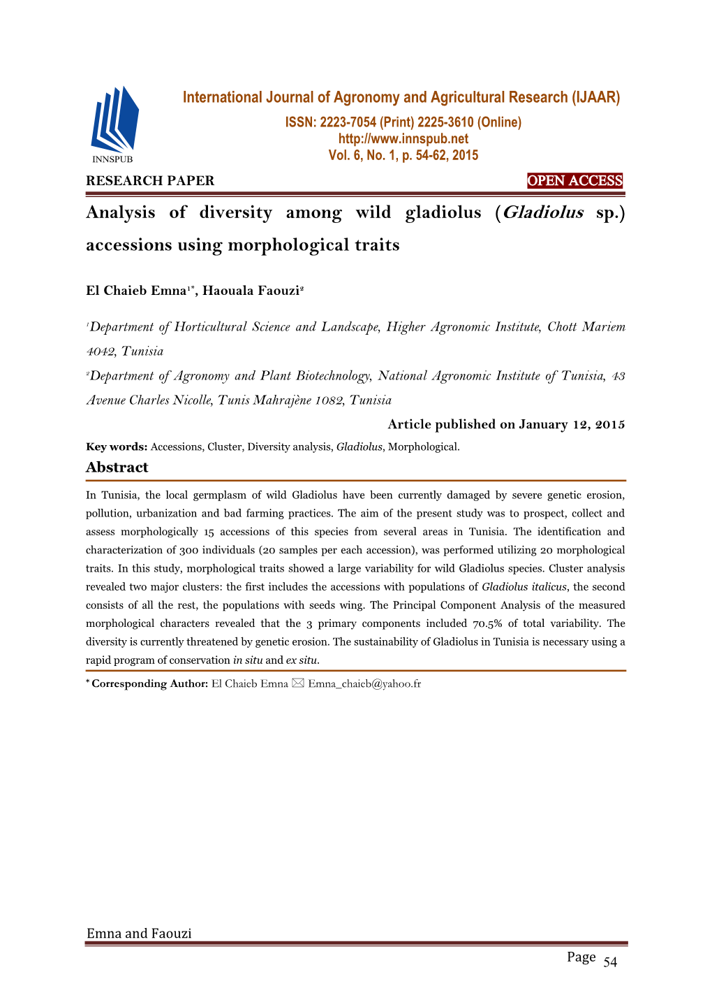 (Gladiolus Sp.) Accessions Using Morphological Traits