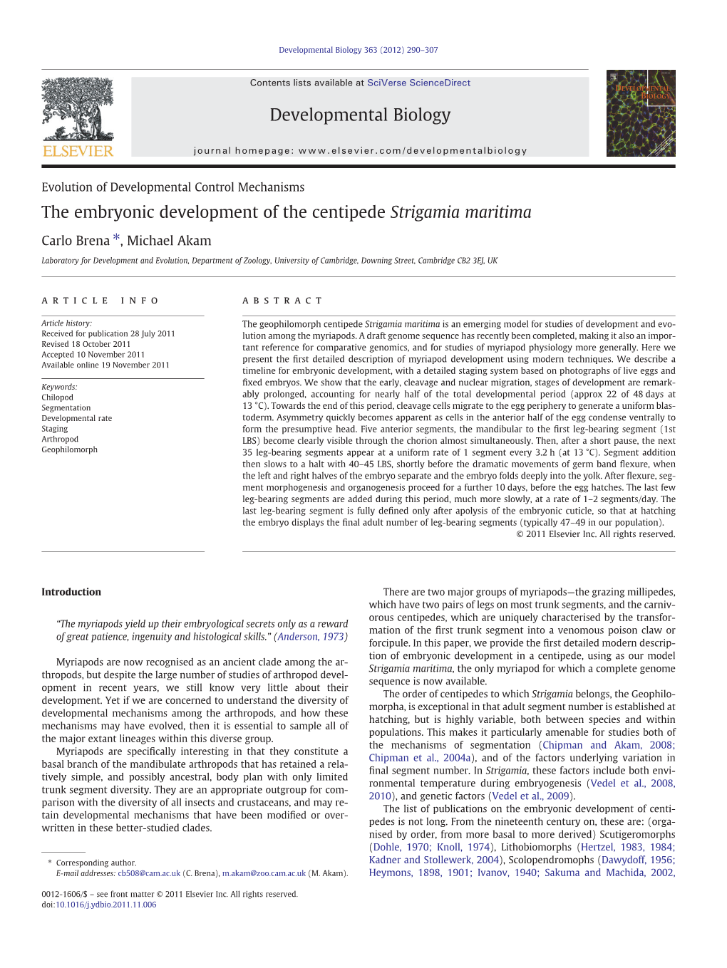 The Embryonic Development of the Centipede Strigamia Maritima